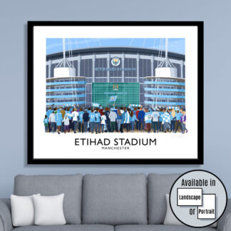 Vintage style travel poster art print of the Etihad Stadium (Manchester City FC)