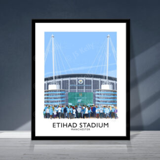 Vintage style travel poster art picture of Manchester City supporters arriving at the Etihad stadium.