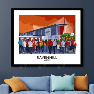 Vintage style travel poster art print of Ulster Rugby supporters arriving at Ravenhill.