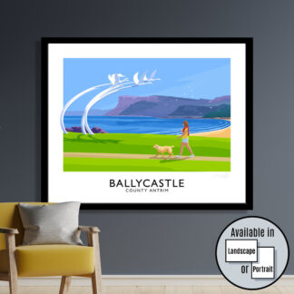 Vintage style travel poster art print of Ballycastle and the Children Of Lir sculpture.