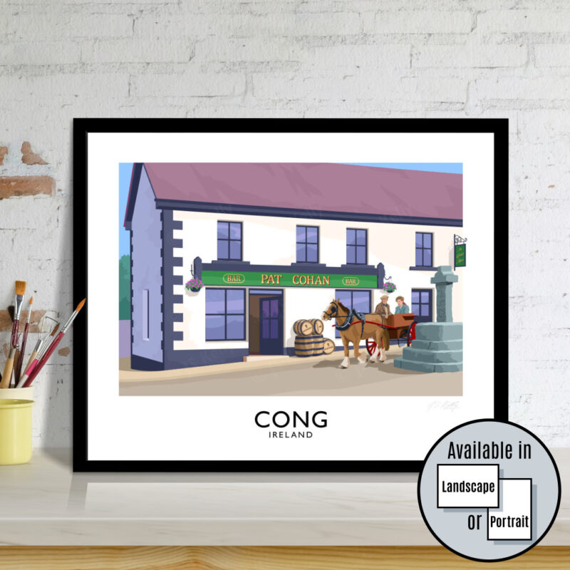 Vintage style travel poster of Cong, Ireland. The film location of The Quiet Man.