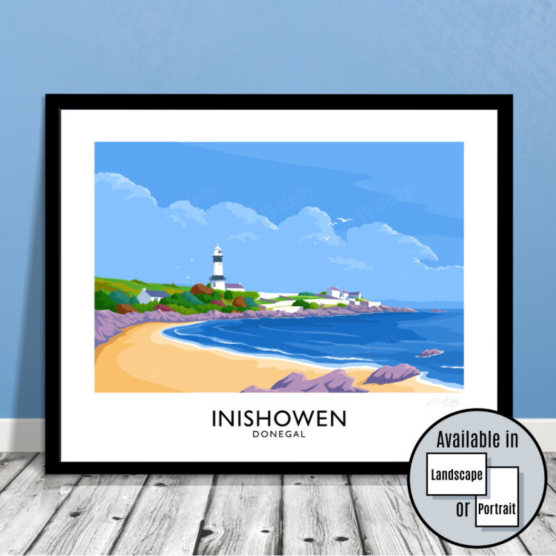 Vintage style travel poster art print of Stroove Lighthouse at Inishowen Head in County Donegal.