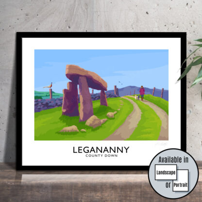A vintage style travel poster art print of Legananny Dolmen, County Down