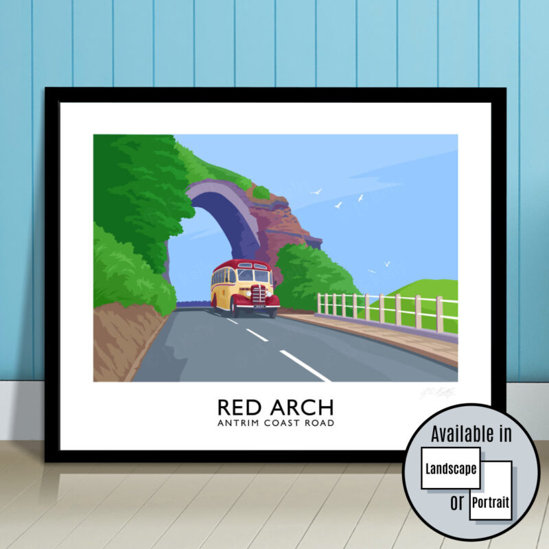 A vintage style travel poster of a coach passing under the Red Arch on the Antrim Coast Road