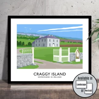 Vintage style travel poster art print of Father Ted's house on Craggy Island