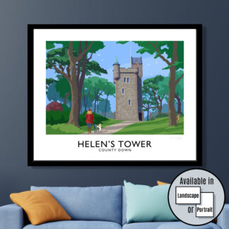 A vintage style travel poster of Helen's Tower in Clandeboye Estate