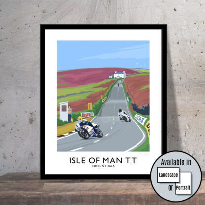 Vintage style travel poster art print of the Isle of Man TT featuring Joey Dunlop.