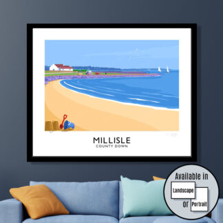 Vintage style travel poster art print of  Millisle beach, County Down