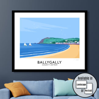 A vintage style travel poster of a Ballygally, County Antrim