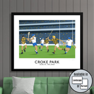 A vintage style travel poster hurling print of Waterford vs Kilkenny at Croke Park