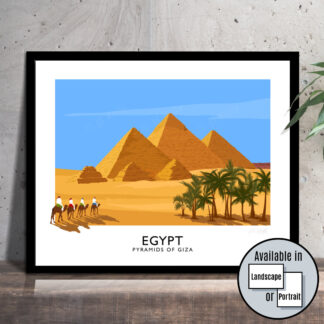 A vintage style travel poster art print of the Pyramids of Giza in Egypt.