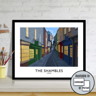 A vintage style travel poster of The Shambles in York City, England.