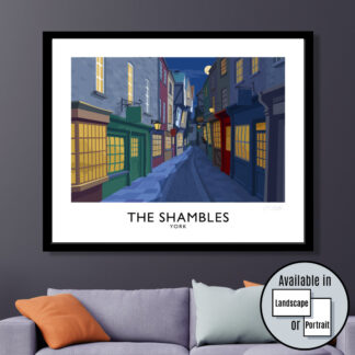 A vintage style travel poster of The Shambles in York City, England.