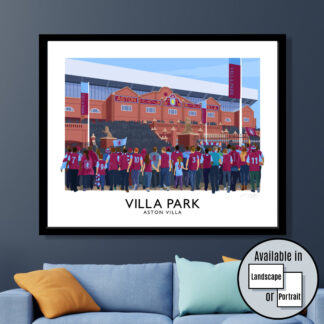 Vintage style travel poster art print ofAston Villa supporters arriving at Villa Park Stadium.