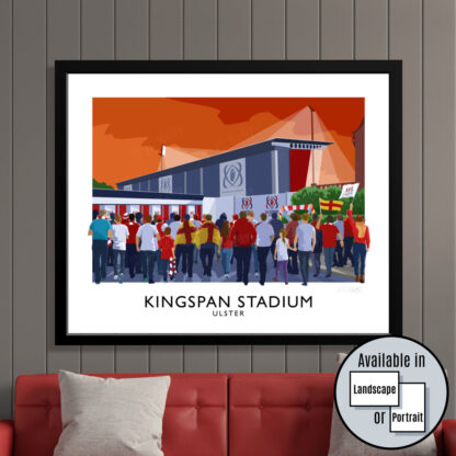 Vintage style art print of Ulster Rugby supporters arrivving at KIngspan Stadium, Belfast