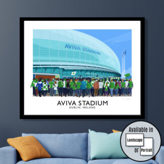 Vintage style original art print Ireland supporters arriving for a match at the Aviva Stadium, Lansdowne Road, Dublin.