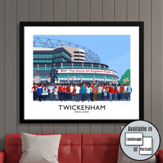 Vintage style travel poster art print of England rugby supporters arriving for a match at Twickenham Stadium