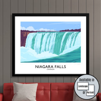 A vintage style travel poster art print of the Horseshoe Falls, Ontario, Canada