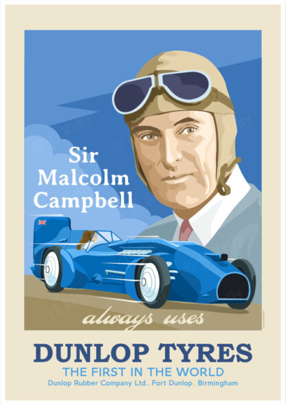 Vintage style retro poster honoring Sir Malcolm Campbell and his iconic Bluebird