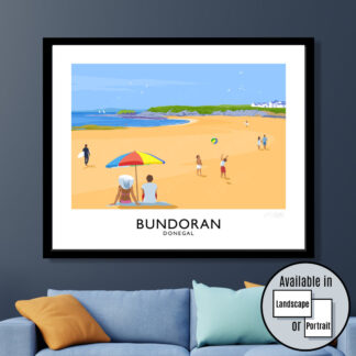 Vintage style travel poster art print of Bundoran beach in County Donegal.