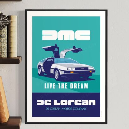 Vintage style retro advertising poster for the iconic DeLorean sports car
