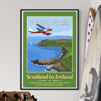 Vintage style retro travel poster "Fly by Air" over the Giant's Causeway.