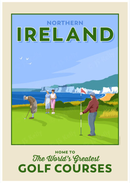 Vintage style retro travel poster advertising Golfing in Northern Ireland
