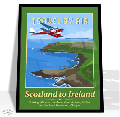 Vintage style retro travel poster "Travel by Air" over the Giant's Causeway.