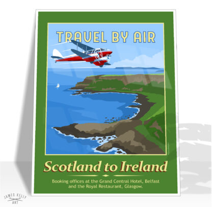 Vintage style retro travel poster "Travel by Air" over the Giant's Causeway.
