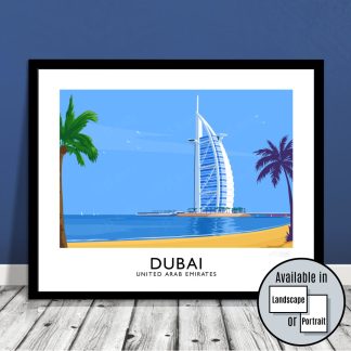 A vintage style travel poster art print of Dubai
