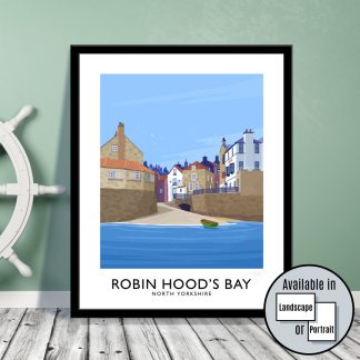 A vintage style travel poster of Robin Hood's Bay in North Yorkshire, England.