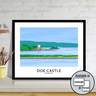 Vintage style travel poster art print of Doe Castle, Donegal.