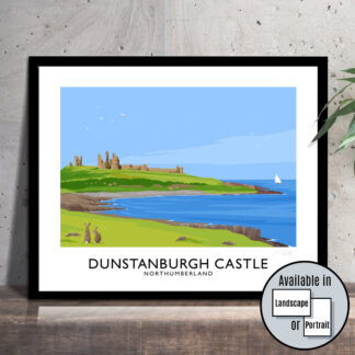 A vintage style travel poster of Dunstanburgh Castle in Northumberland, England.