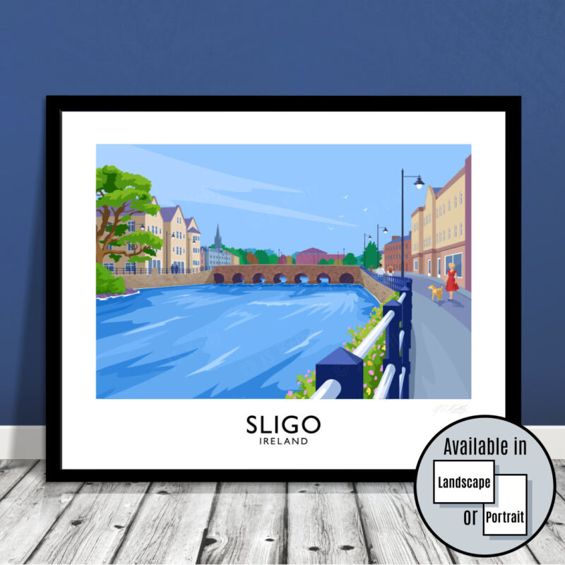 Vintage style travel poster art print of Sligo town.