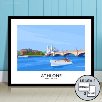 Vintage style travel poster art print of Athlone town.