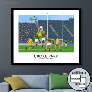 Vintage style travel poster art print of a Donegal vs Mayo gaelic football match at Croke Park Stadium.