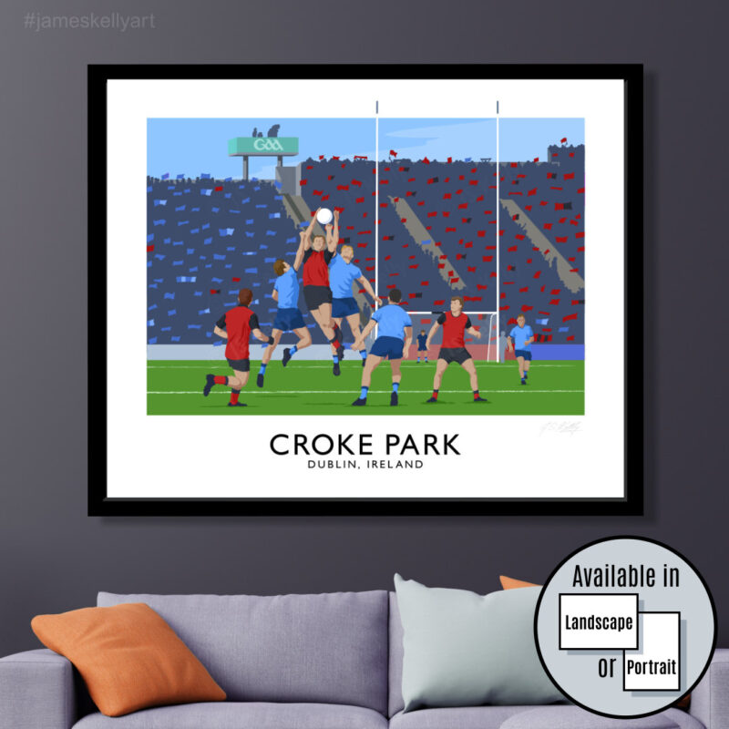 Vintage style travel poster art print of a Down vs Dublin gaelic football match at Croke Park Stadium.