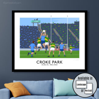 Vintage style travel poster art print of a Dublin vs Kerry gaelic football match at Croke Park Stadium.