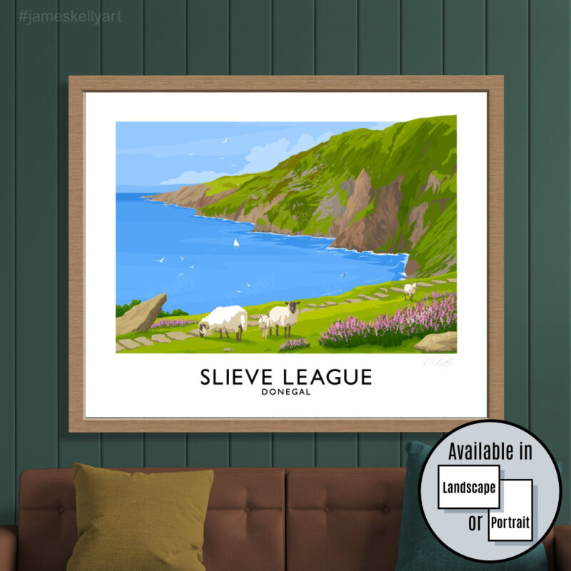 Vintage style travel poster art print of Slieve League, Donegal.