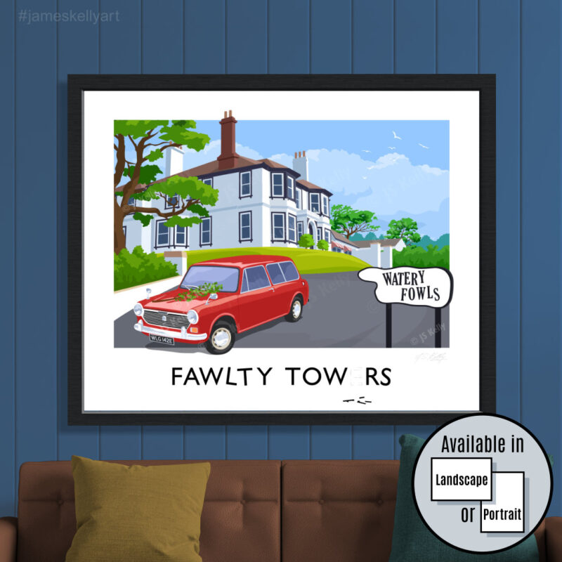 Vintage style travel poster art print of the Fawlty Towers hotel.