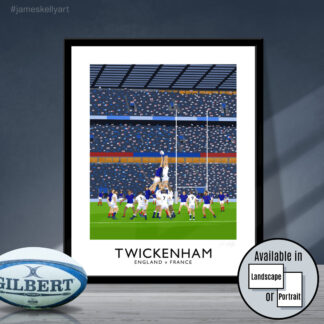 Vintage style travel poster art print of an England v France rugby match at Twickenham