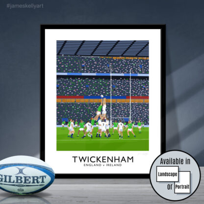 Vintage style travel poster art print of an England v France rugby match at Twickenham