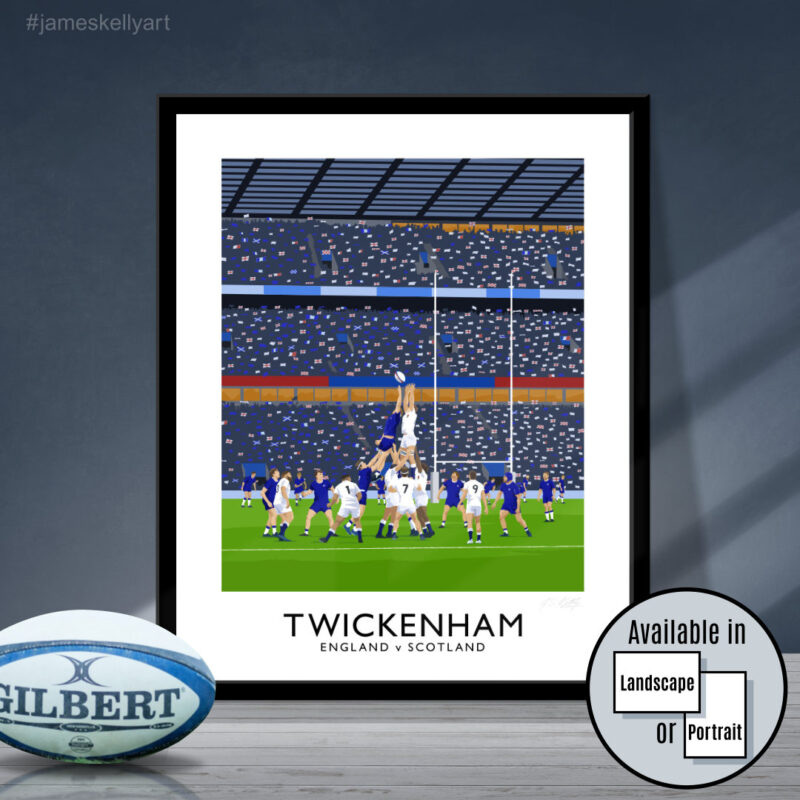 Vintage style travel poster art print of an England v Scotland rugby match at Twickenham