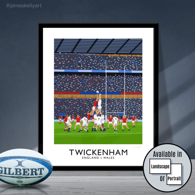 Vintage style travel poster art print of an England v Wales rugby match at Twickenham