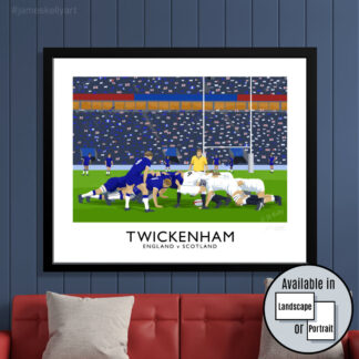 Vintage style travel poster art print of an England v Scotland rugby match at Twickenham