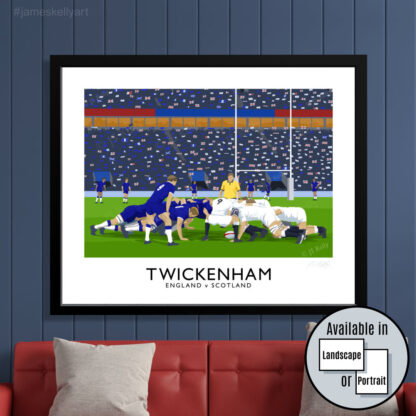 Vintage style travel poster art print of an England v Scotland rugby match at Twickenham