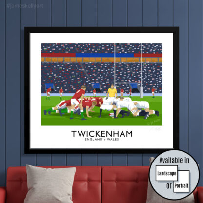 Vintage style travel poster art print of an England v Wales rugby match at Twickenham