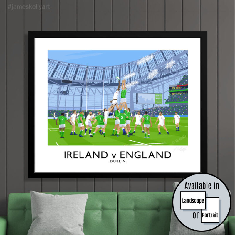 Vintage style travel poster art print of an Ireland v England Six Nations rugby match at the Aviva Stadium, Dublin.