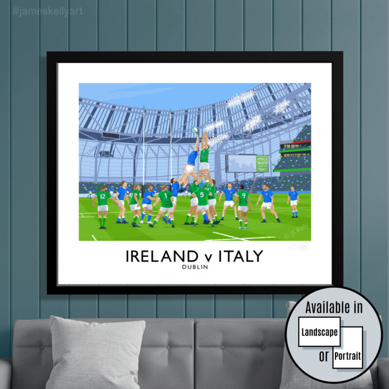 Vintage style travel poster art print of an Ireland v Italy Six Nations rugby match at the Aviva Stadium, Dublin.