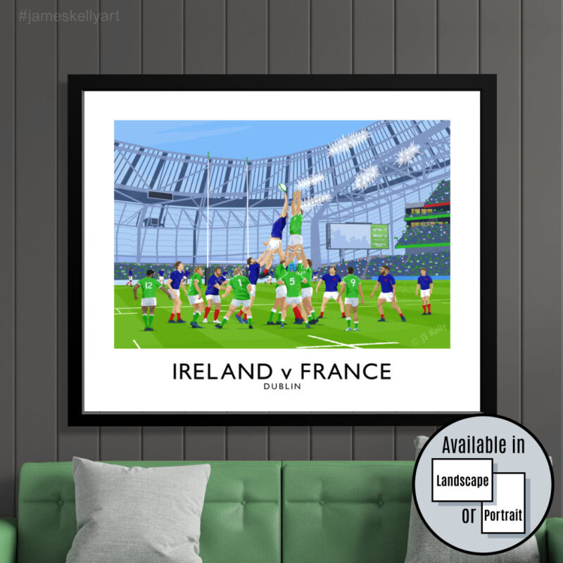 Vintage style travel poster art print of an Ireland v France Six Nations rugby match at the Aviva Stadium, Dublin.
